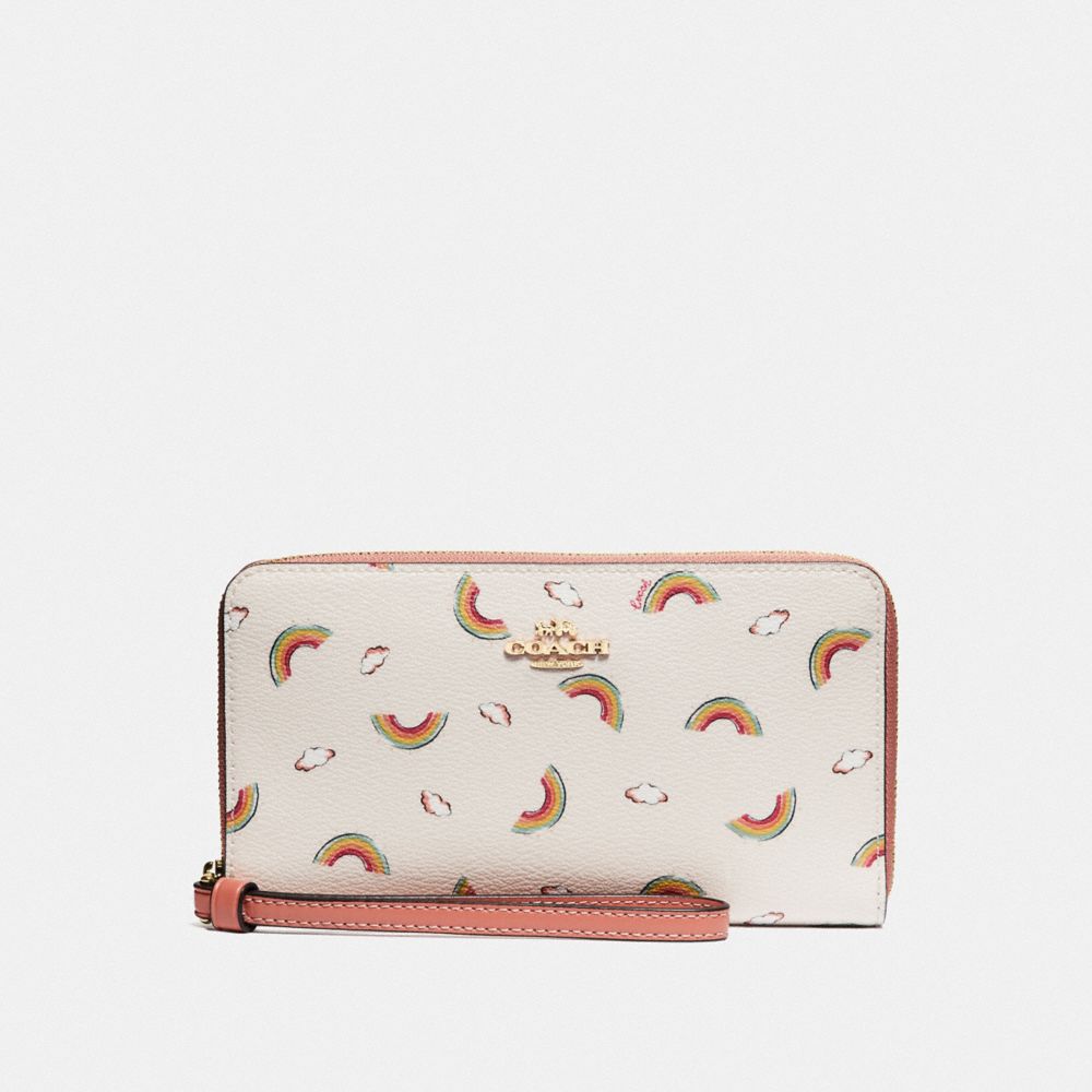 COACH LARGE PHONE WALLET WITH ALLOVER RAINBOW PRINT - CHALK/LIGHT CORAL/GOLD - F73457