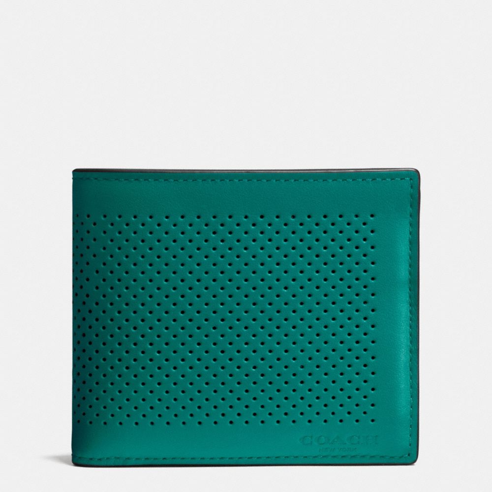 COMPACT ID WALLET IN PERFORATED LEATHER - COACH f75197 - SEAGREEN/BLACK