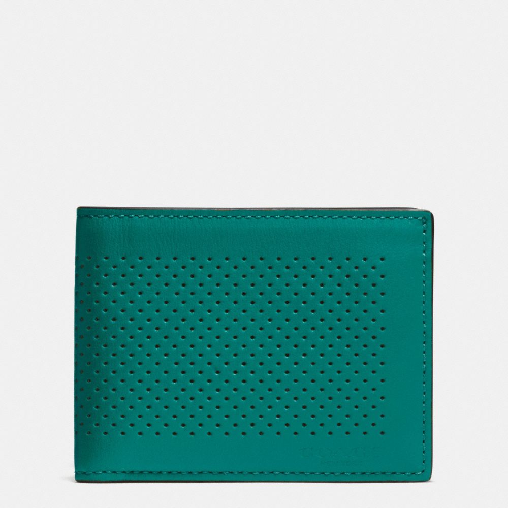 SLIM BILLFOLD ID WALLET IN PERFORATED LEATHER - COACH f75227 - SEAGREEN/BLACK