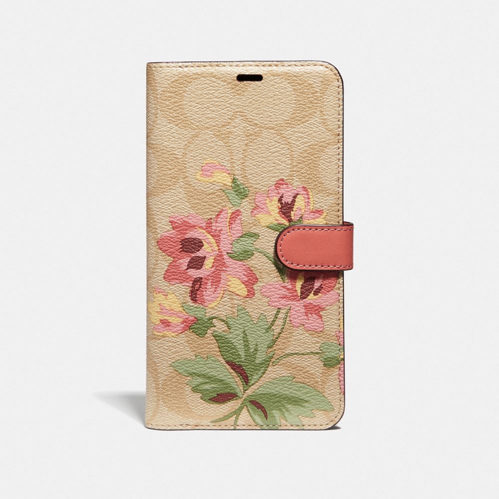 COACH IPHONE XS MAX FOLIO IN SIGNATURE CANVAS WITH LILY BOUQUET PRINT - LIGHT KHAKI/PINK - F75842