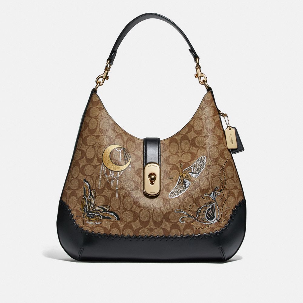 COACH LARGE AMBER HOBO IN SIGNATURE CANVAS WITH CHELSEA ANIMATION AND WHIPSTITCH - KHAKI/BLACK MULTI/IMITATION GOLD - F76660