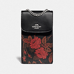 COACH NORTH/SOUTH PHONE CROSSBODY WITH THORN ROSES PRINT - BLACK RED MULTI/SILVER - F76782