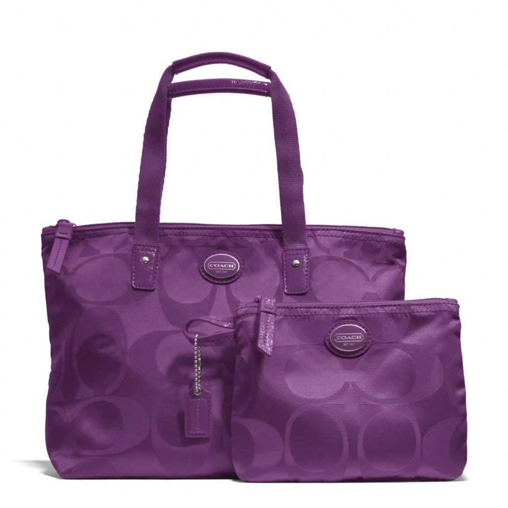 GETAWAY SIGNATURE NYLON SMALL PACKABLE TOTE - COACH f77322 - SILVER/AMETHYST