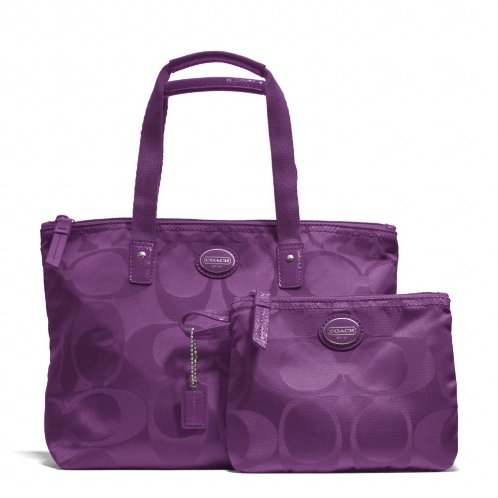 GETAWAY SIGNATURE NYLON SMALL PACKABLE TOTE - COACH F77322 - SILVER/AMETHYST