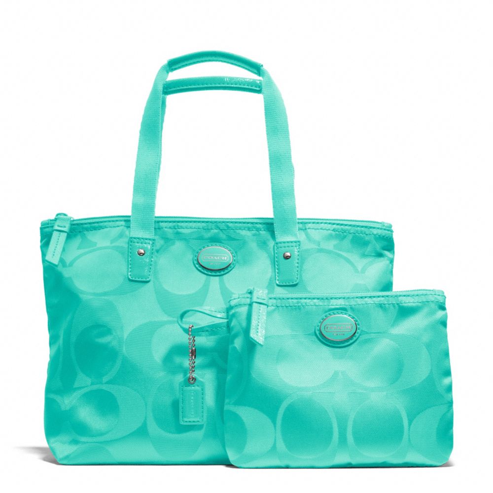 COACH GETAWAY SIGNATURE NYLON SMALL PACKABLE TOTE - SILVER/AQUA - F77322