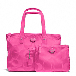 GETAWAY SIGNATURE NYLON SMALL PACKABLE TOTE - COACH f77322 - SILVER/HOT PINK