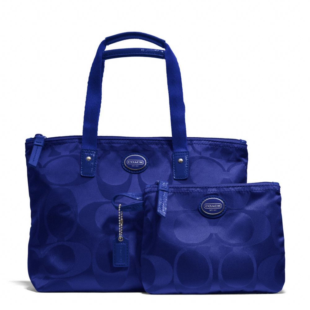 GETAWAY SIGNATURE NYLON SMALL PACKABLE TOTE - COACH f77322 - SILVER/INDIGO