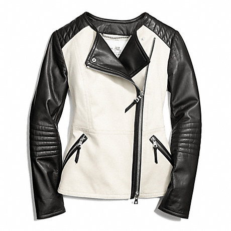 COACH COLORBLOCK COLLARLESS LEATHER JACKET -  STONE/BLACK - f84301