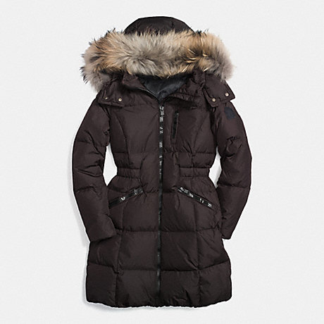 COACH SOLID LONG DOWN COAT WITH FUR - CHOCOLATE - f84769