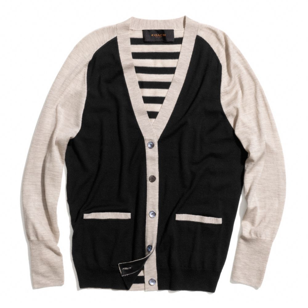 MERINO PATCHED BAR STRIPE BOYFRIEND CARDIGAN - COACH f84790 -  BLACK/MULTICOLOR