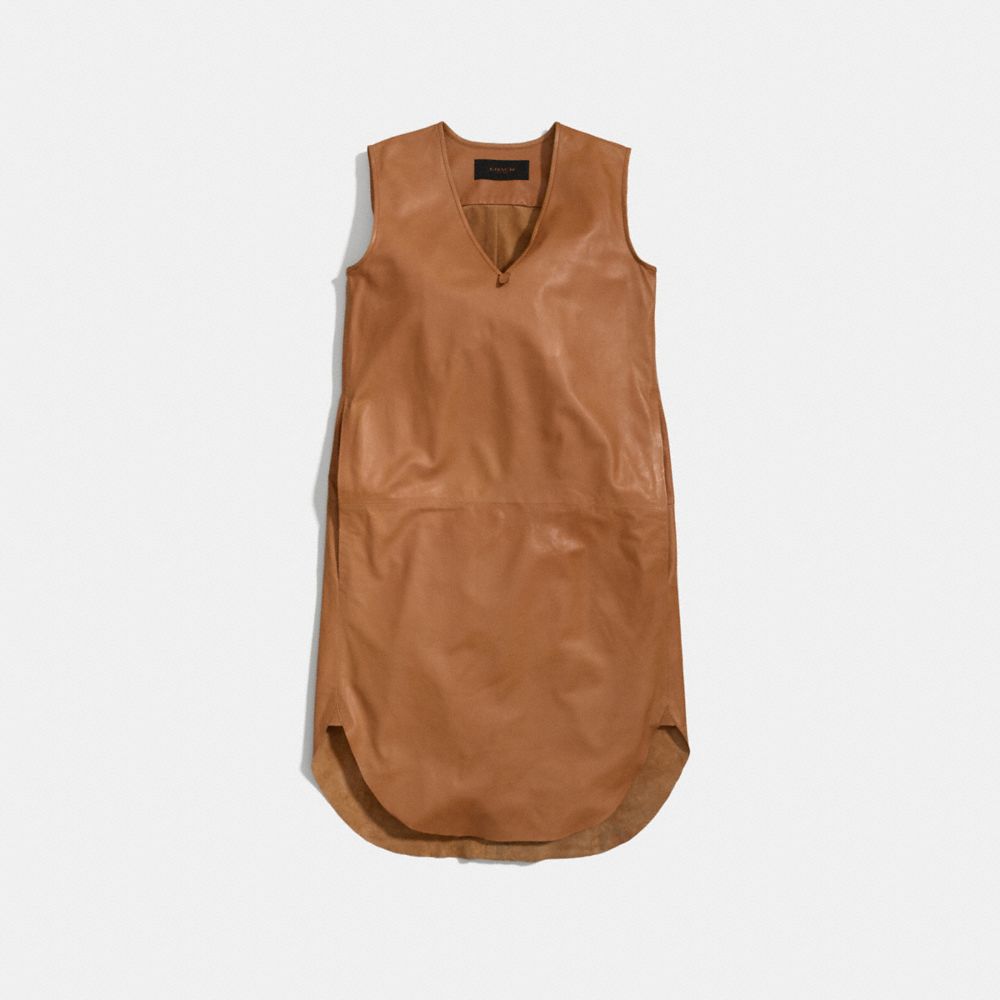 LEATHER SLOUCHY SUMMER V-NECK DRESS - COACH f84808 - CAMEL