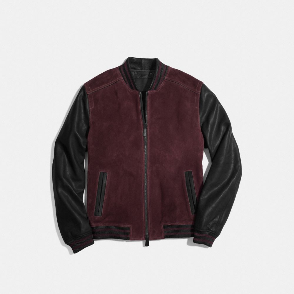 SUEDE BASEBALL JACKET - COACH f85094 - CORDOVAN/BLACK