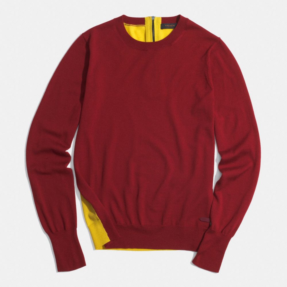 MERINO COLORBLOCK CREW SWEATER - COACH f85111 -  BORDEAUX/SAFFRON