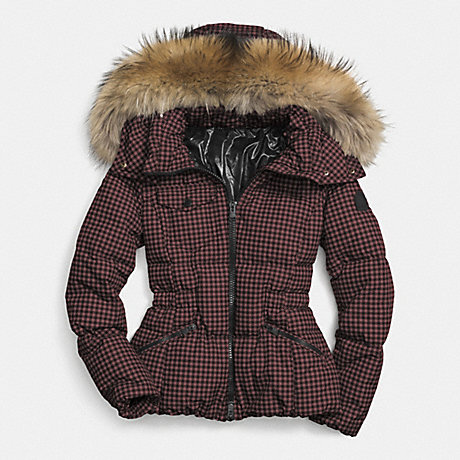 COACH GINGHAM CHECK SHORT DOWN COAT WITH FUR TRIM - BROWN/BLACK - f85130