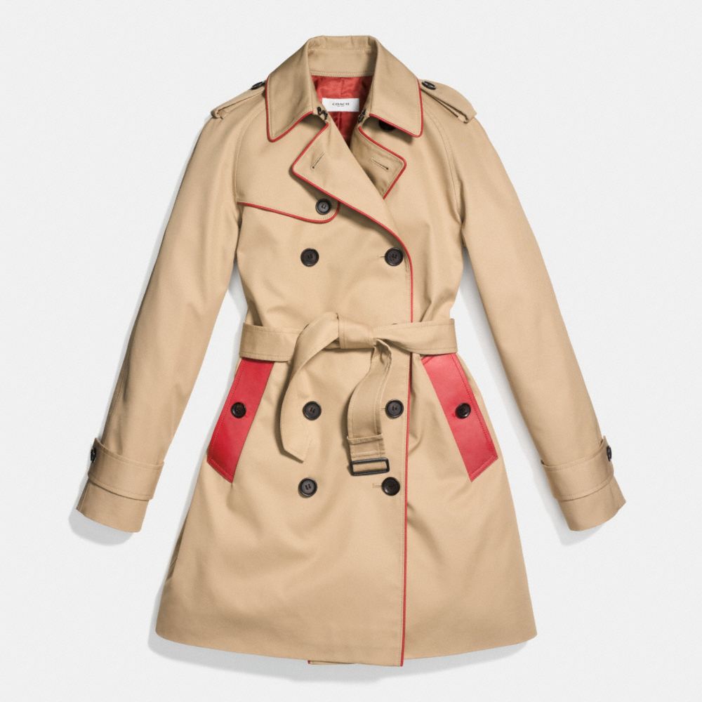 LEATHER PIPED TRENCH COAT - COACH f86460 - CLASSIC KHAKI/VERMILLION
