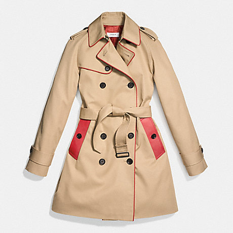 COACH LEATHER PIPED TRENCH COAT - CLASSIC KHAKI/VERMILLION - f86460