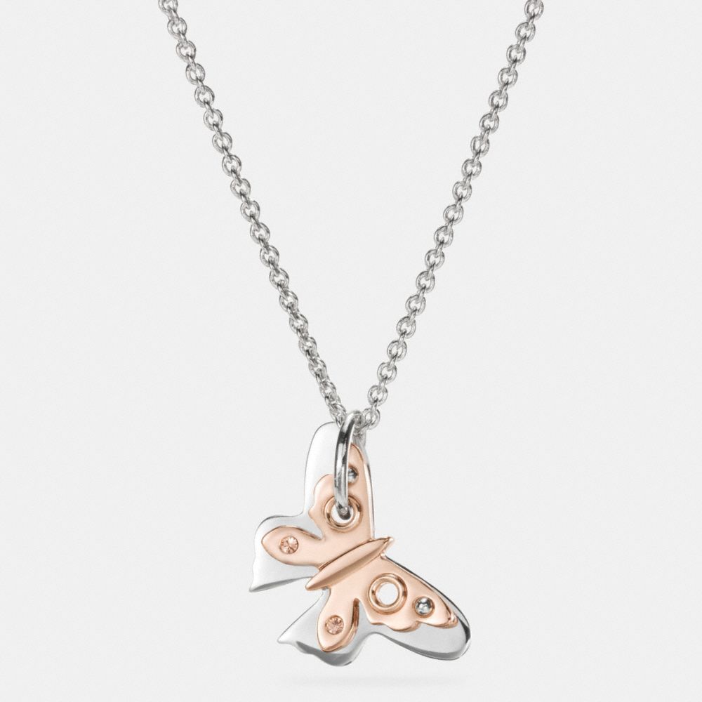 BUTTERFLY CHARM SHORT NECKLACE - COACH f86803 - SILVER/ROSEGOLD