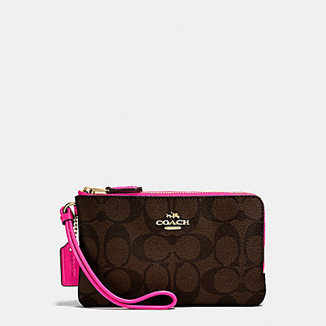 COACH DOUBLE CORNER ZIP WALLET IN SIGNATURE COATED CANVAS - IMITATION GOLD/BROWN - f87591