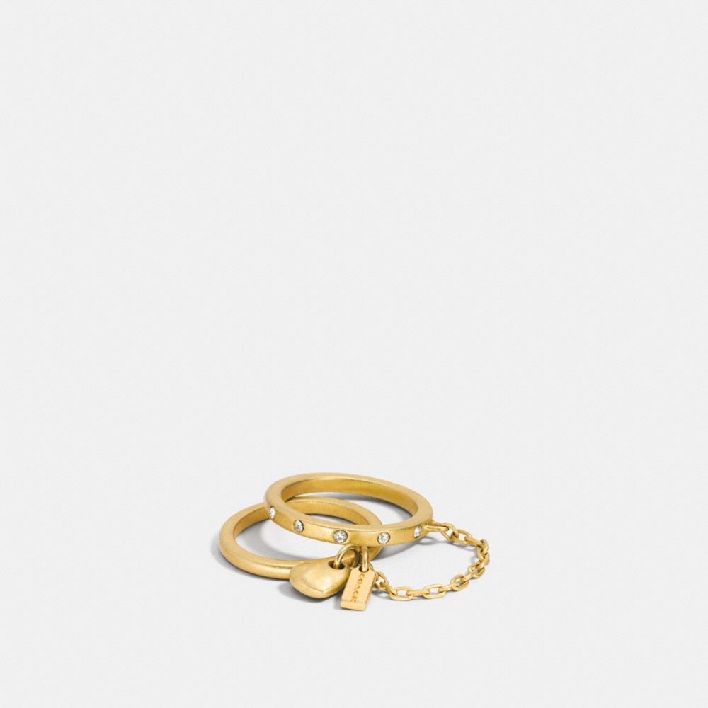 PAVE DOUBLE FINGER CHAIN SCULPTED HEART RING - COACH f90462 - GOLD