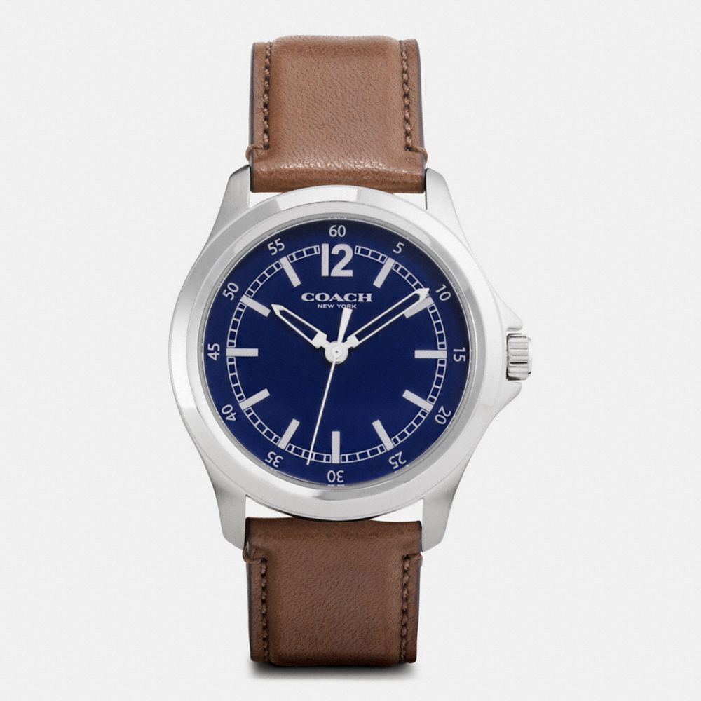 BARROW STAINLESS STEEL LEATHER STRAP WATCH - COACH w5010 - NAVY/SADDLE