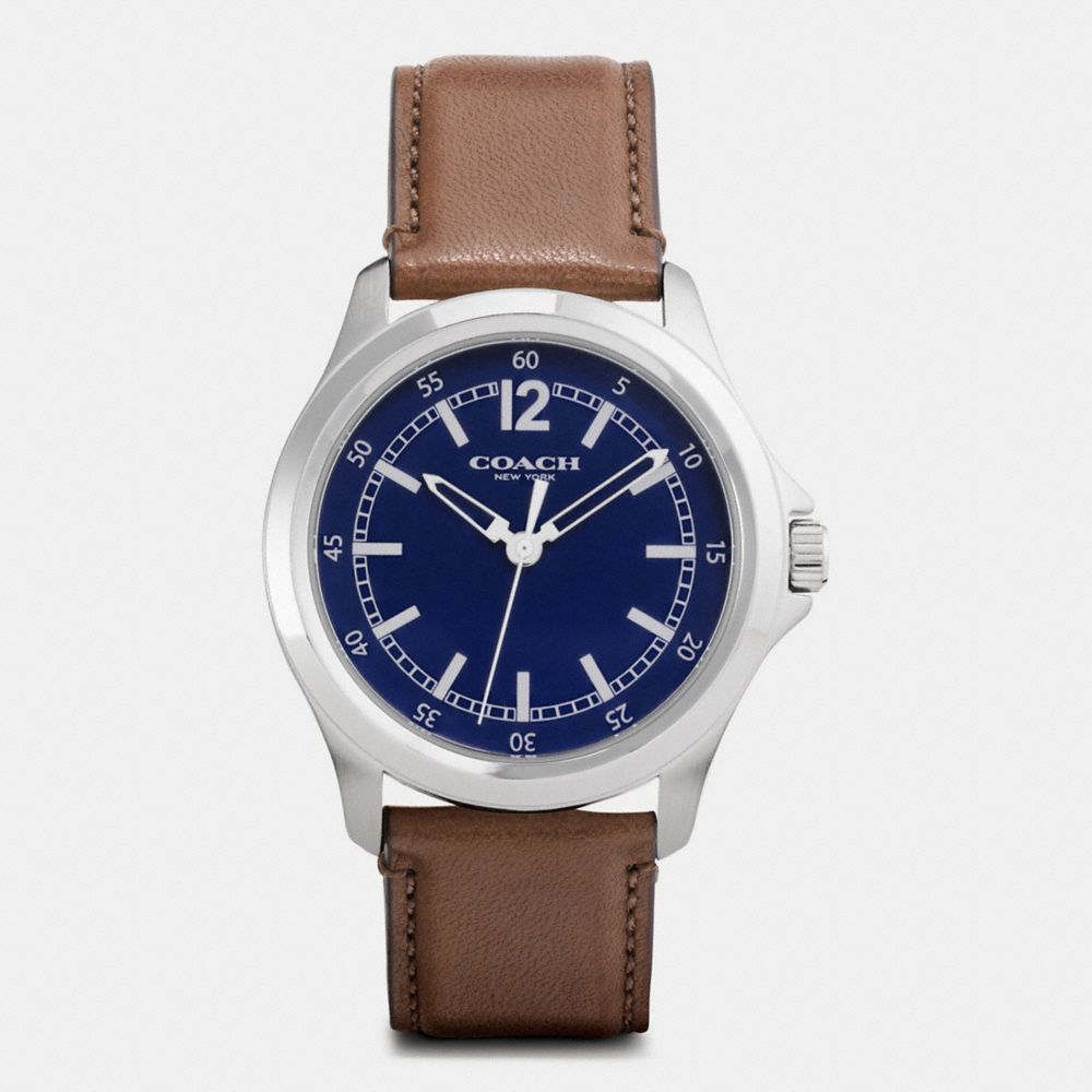 BARROW STAINLESS STEEL LEATHER STRAP WATCH - COACH w5010 -  NAVY/SADDLE