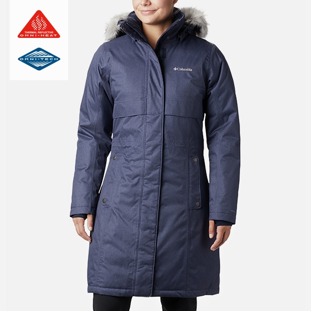 Close-up of a woman wearing an Apres Arson II Long Down jacket. Omni-Heat and Omni-Tech logos.