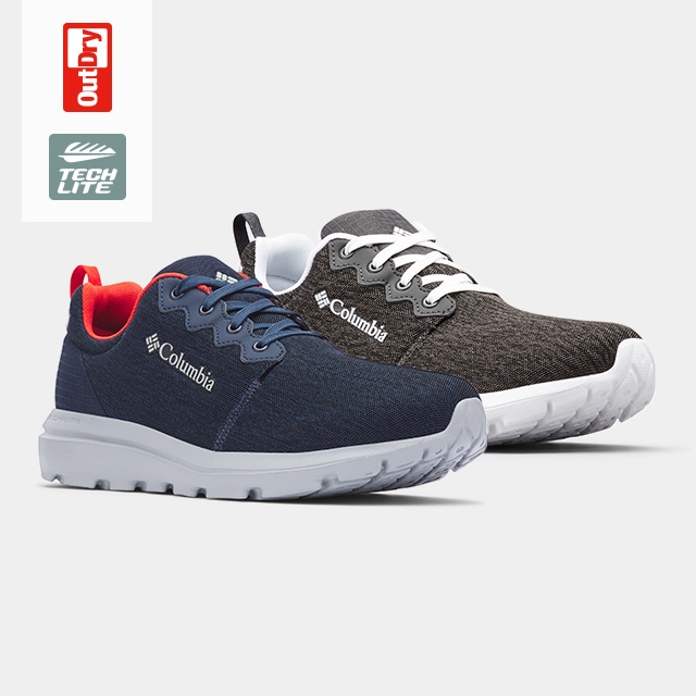Close-up of Backpedal OutDry shoes for men and women. OutDry and TechLite logos.