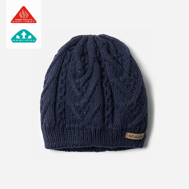 Close-up of a parallel peak II beanie. Omni-Heat and Omni-Wick logos. 
