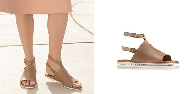 Close-up of tan Ella Mule strap sandals. 