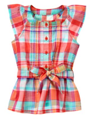 Pintucked Plaid Flutter Top