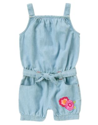 Flower Embroidered Chambray Romper