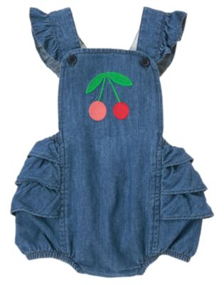 Cherry Embroidered Chambray Romper