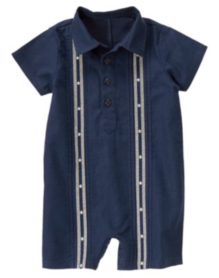 Embroidered Linen Blend Polo One-Piece