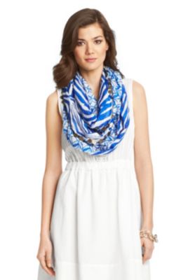 Coin Tassel Circle Scarf in Ikat Batik Small/ Tete Zebra Blue by DVF