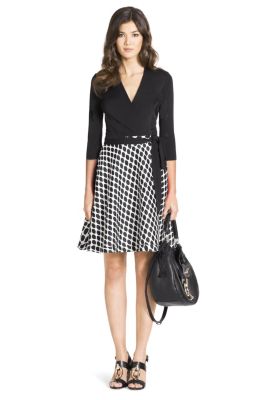 Amelia Silk Combo Flared Wrap Dress in Jungle Diamond Black/ Black by DVF