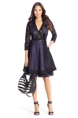 DVF Amelia Maggi Denim and Lace Wrap Dress in Black/ Dark Indigo by DVF