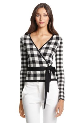 DVF Ballerina Gingham Printed Wrap Sweater in Black/ White Gingham by DVF