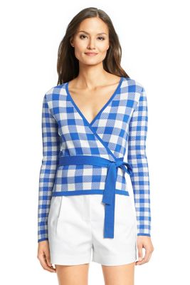 DVF Ballerina Gingham Printed Wrap Sweater in Blue Riviera/ White Gingham by DVF