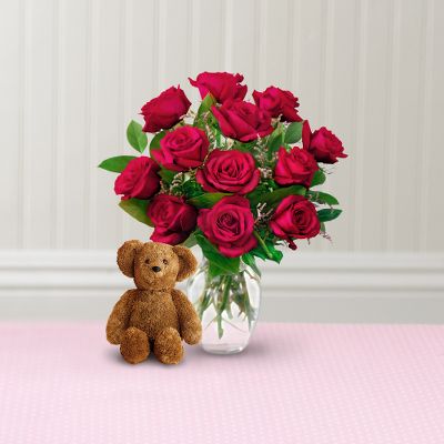 The FTD&reg; Premium Long Stemmed Red Rose Bouquet with Bear
