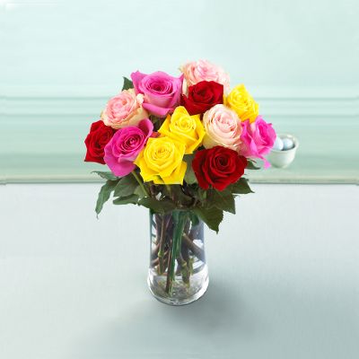 Mixed Rose Bouquet with Vase - 12 Stems
