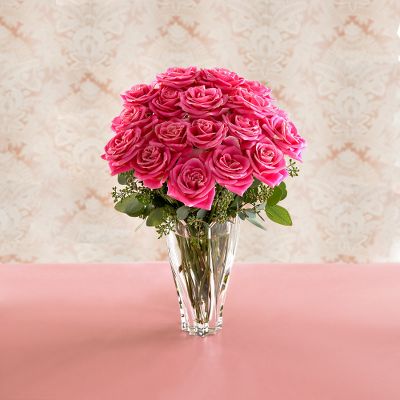 18 Stem Pink Rose Bouquet with Windflower Crystal Vase by Waterford