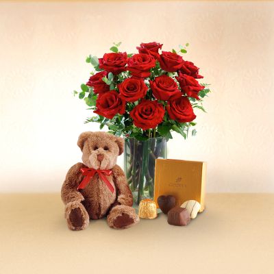 Sweet on You Red Roses + FREE Bear + FREE Godiva&reg; + FREE Vase