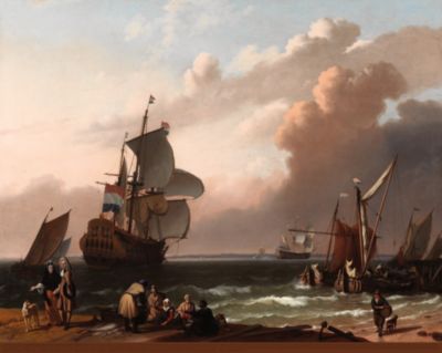Coastal Scene with a Man-of-War and Other Vessels by Ludolf Backhuysen