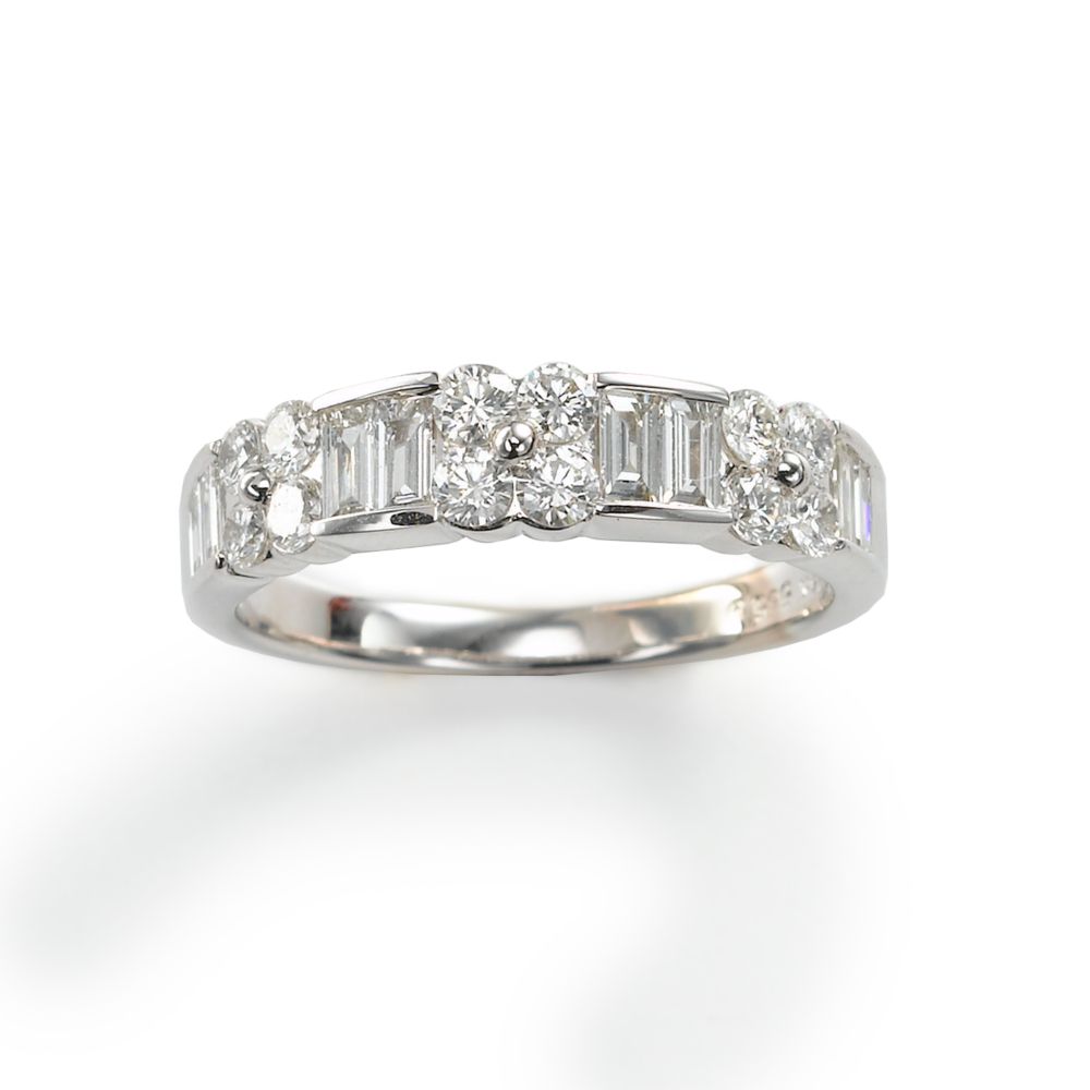 Baguette & Round Diamond Band, 14KW Gold