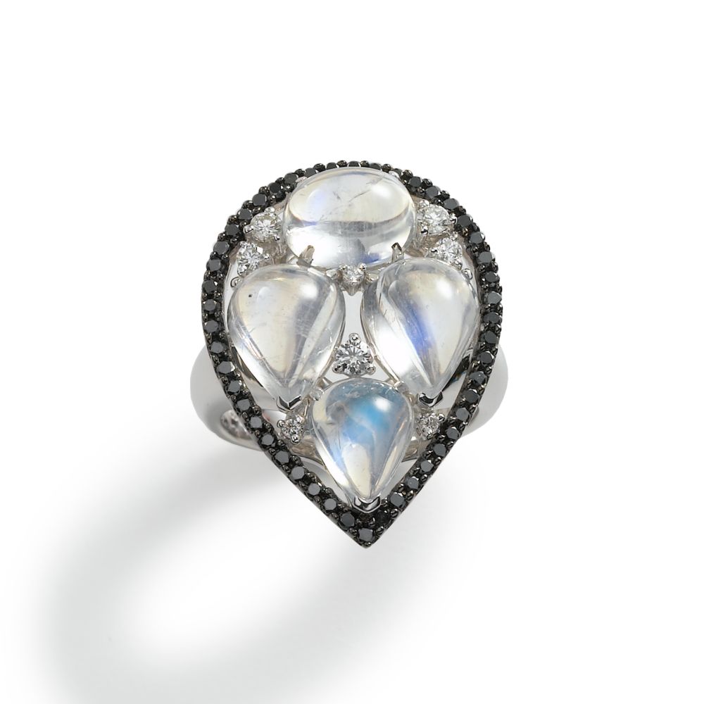 Pear Shape Moonstone & Diamond Ring, 18KW Gold