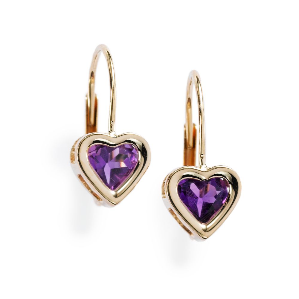Girl's Heart Shaped Amethyst Earrings 14KY Gold