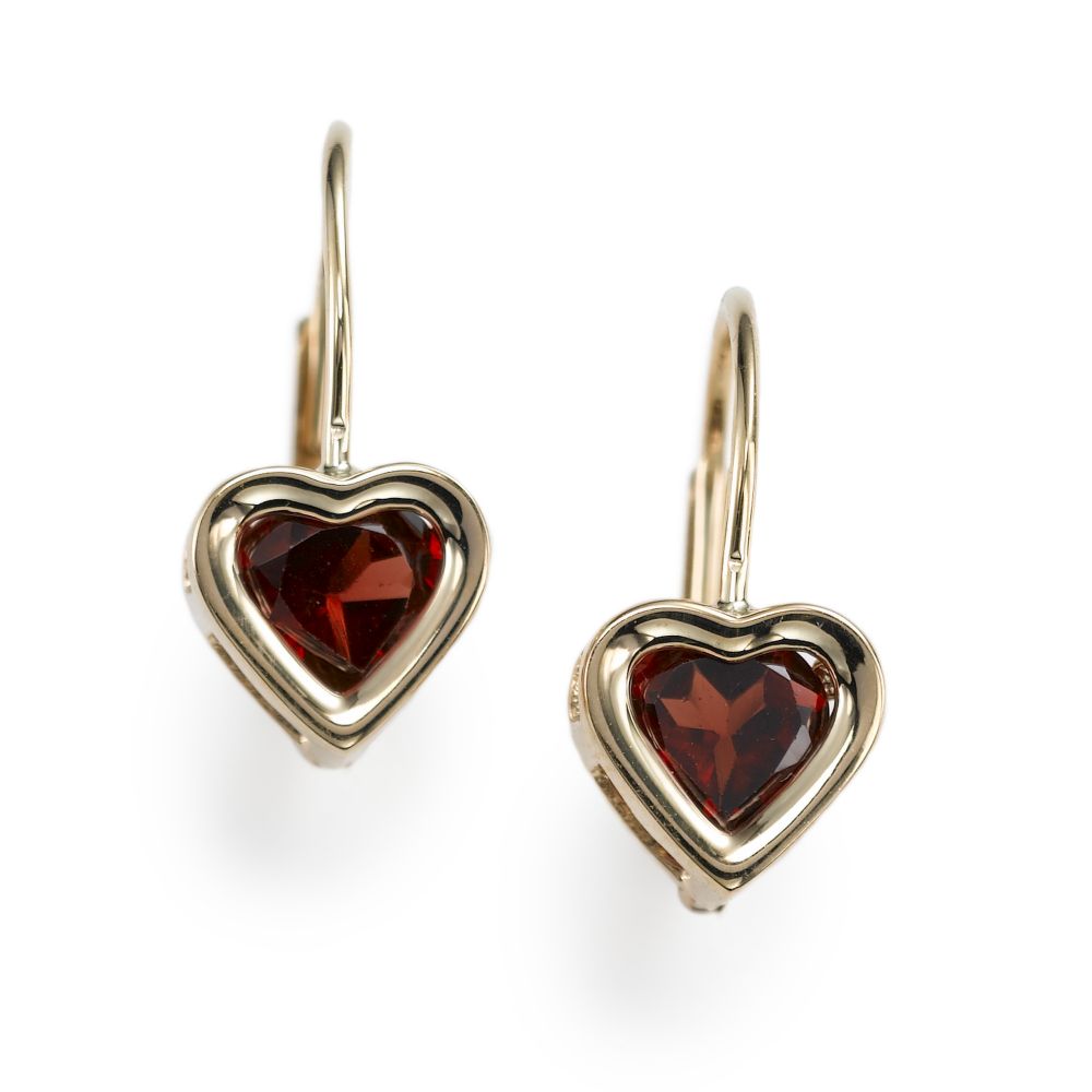 Girls Garnet Heart Drop Earrings, 14KY Gold