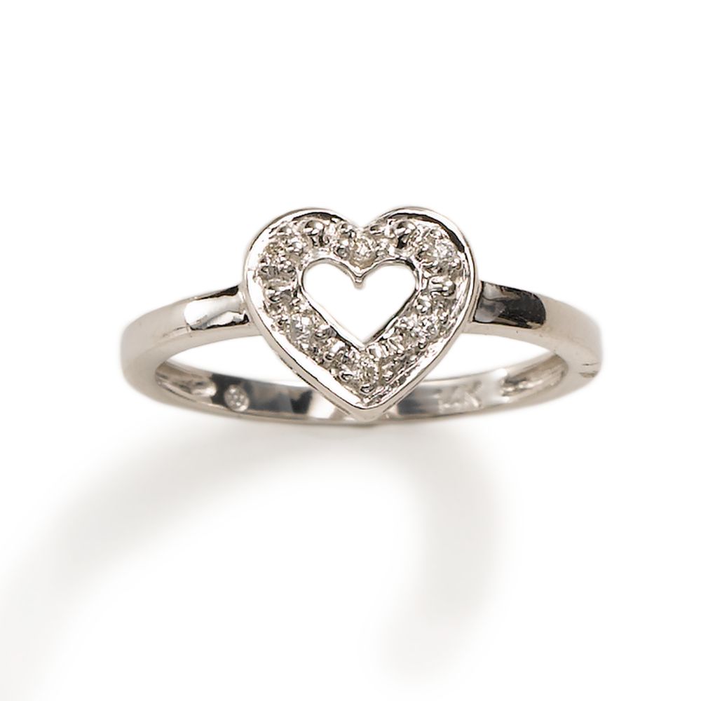 Girl's Open Diamond Heart Ring, 14KW Gold