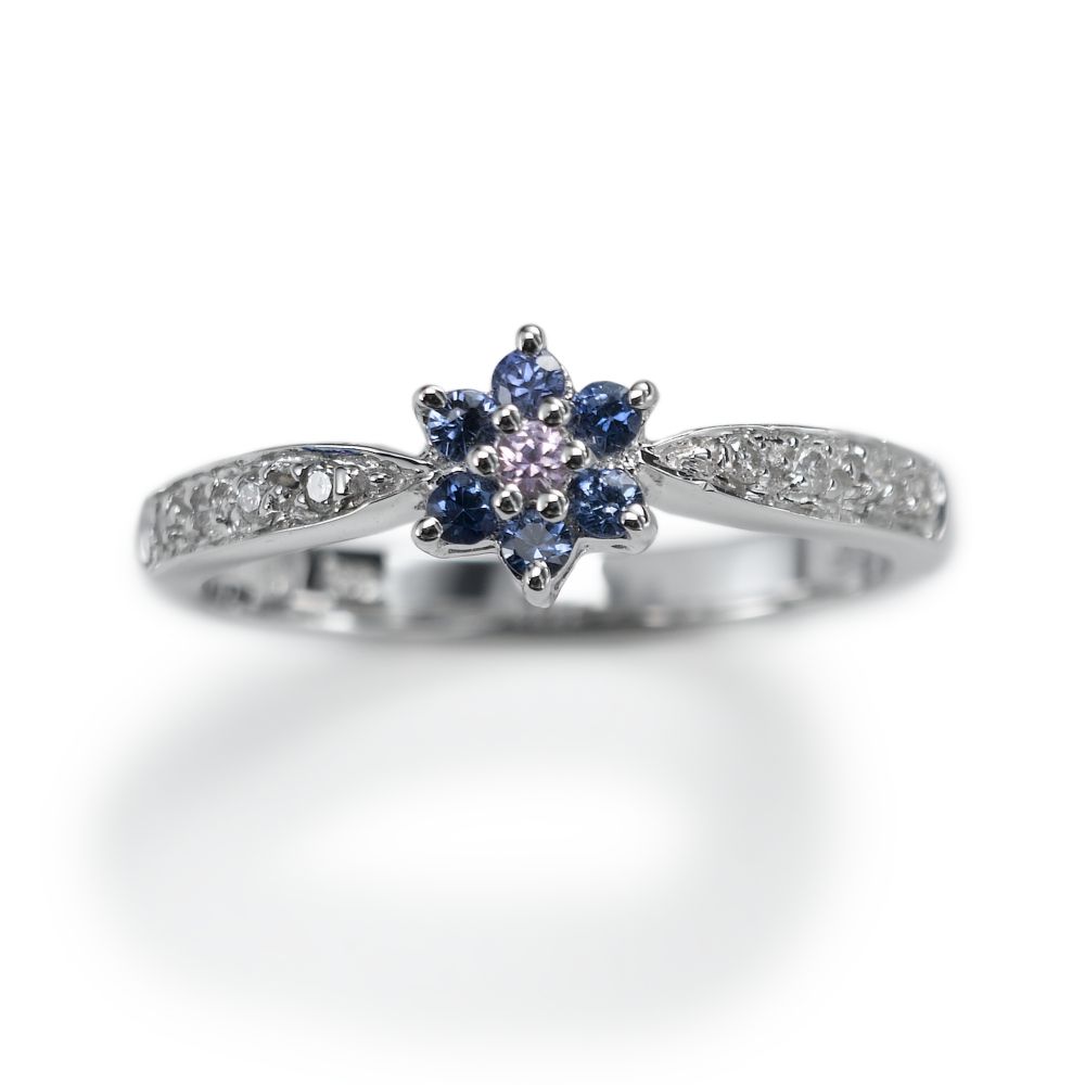 Girl's Sapphire Flower Ring, 14KW Gold