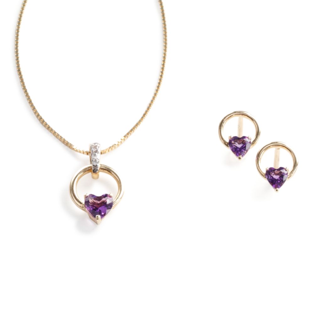 Amethyst & Diamond Heart Gift Set, 14KY Gold